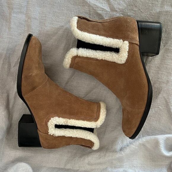 RAG & BONE Walker Shearling Chelsea Bootie Camel Suede Block Heel Boho 36 tan - Picture 6 of 7